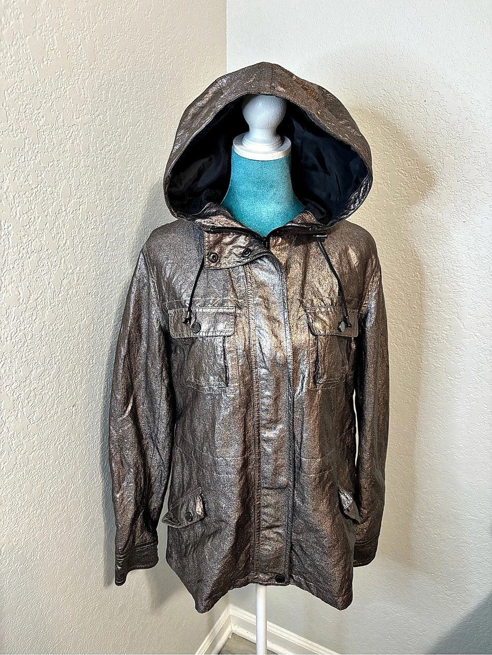 Calvin Klein Metallic Bronze Coated Hooded Utility Jacket
